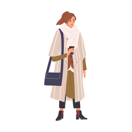 Woman in classy winter outfit holding paper coffee cup vector flat illustration. Fashion female wrapped in warm scarf standing with handbag isolated. Trendy girl demonstrate clothes and accessoriesのイラスト素材