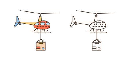 Helicopter icon with package box. Delivery shipment symbol, aircraft service. Cargo parcel transportation. Postal air logistics. Flat vector line art illustration isolated on white backgroundのイラスト素材