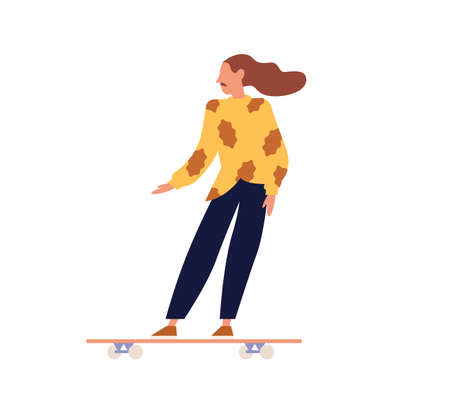 Modern active city guy riding long board. Young moustached millennial man on urban personal vehicle. Summer skating. Extreme street sport. Flat vector cartoon illustration isolated on white backgroundのイラスト素材