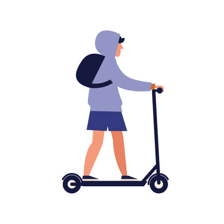 Modern guy riding electric kick scooter. Trendy young man use eco friendly personal urban vehicle. Sharing service. Millennial lifestyle. Flat vector cartoon illustration isolated on white backgroundのイラスト素材