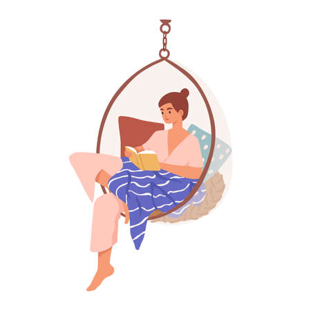 Relaxed domestic girl sitting in comfy hanging chair reading book vector flat illustration. Woman resting covered blanket surrounded by pillows isolated. Female enjoying recreation and selftimeのイラスト素材