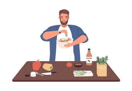 Smiling man on diet cook vegetable salad on kitchen table vector flat illustration. Male apply salt to vegetarian healthy food isolated on white. Guy preparing dinner or lunch with spices and herbsのイラスト素材