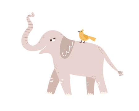 Cute childish gray elephant raising up trunk vector flat illustration. Little amusing bird sitting on back of huge wild animal isolated on white. Funny cartoon characters friends walking togetherのイラスト素材