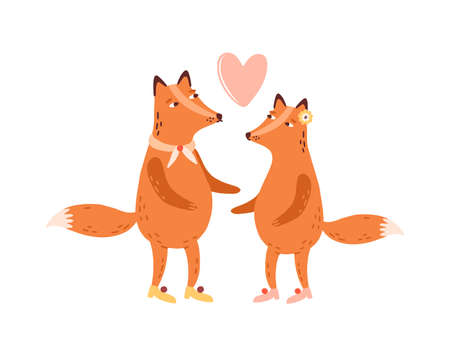 Couple of cute scandinavian foxes in love, heart above. Childish cartoon animals. 14 february, valentines day decorative element. T shirt print. Flat vector illustration isolated on white backgroundのイラスト素材