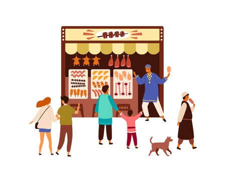 Turkish, Eastern kebab street market, souk, oriental local bazaar. People, tourists in Arabic marketplace stall buying food, meat, grilled chicken. Flat vector cartoon illustration isolated on white.のイラスト素材