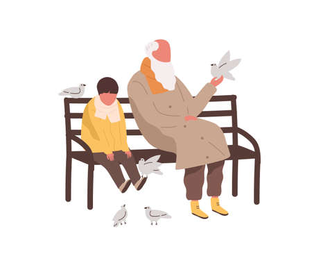 Little cute boy and old bearded male sitting on bench together vector flat illustration. Grandchild and grandfather playing with pigeons isolated. People relaxing outdoor at spring or autumn seasonのイラスト素材