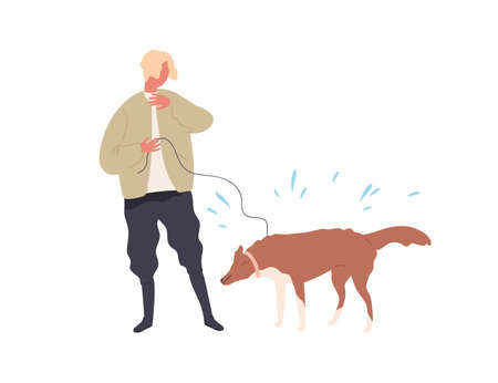 Hipster guy hiding from drops of dogs shaking wet wool vector flat illustration. Male owner and dog walking outdoor at rainy weather isolated on white. Man and pet at autumn or spring seasonのイラスト素材