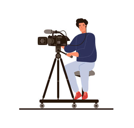Cameraman sitting hold professional camera with microphone vector flat illustration. Operator in earphones shooting reportage or studio filming isolated. Film making or newcast video backstageのイラスト素材