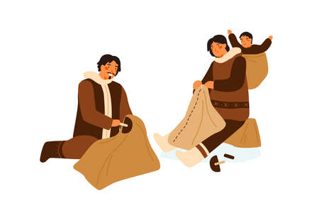 Traditional Eskimo family during animal skin treatment after hunting vector flat illustration. Man and woman sewing national clothes together isolated on white. Manual creating of warm clothingのイラスト素材