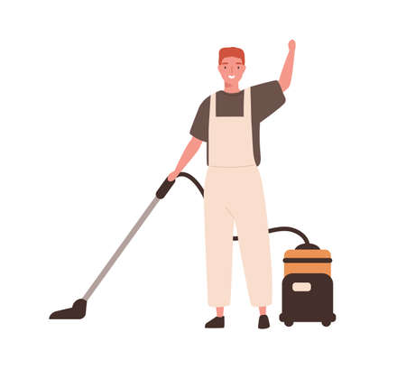 Young cheerful man in office cleaning service, janitor uniform vacuuming.のイラスト素材