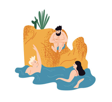 Group of people, friend, diving, swimming in sea, spend time together. Young bearded man jump in water from cliff. Summer active vacation. Flat vector cartoon illustration isolated on white backgroundのイラスト素材