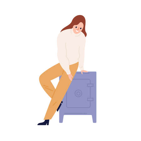 Happy woman sitting on strongbox, vault, cash box. Wealthy girl hiding savings in metal locked safe. Money or finance safety. Flat vector cartoon illustration isolated on white backgroundのイラスト素材