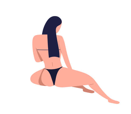 Posing slim brunette girl in bikini with fit figure. Female character in black underwear. Woman back in swimsuit with long hair. Flat vector cartoon illustration isolated on white backgroundのイラスト素材