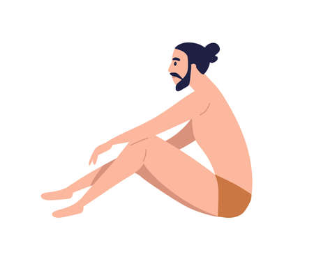 Young trendy bearded man sitting in nude underwear or beachwear. Modern male haircut, hair bun. Young white skin guy. Flat vector cartoon illustration isolated on white backgroundのイラスト素材