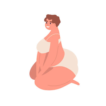 Young beautiful, body positive, curvy woman sitting in underwear. Happy adult female, overweight, plus size character with short haircut. Flat vector cartoon illustration isolated on whiteのイラスト素材