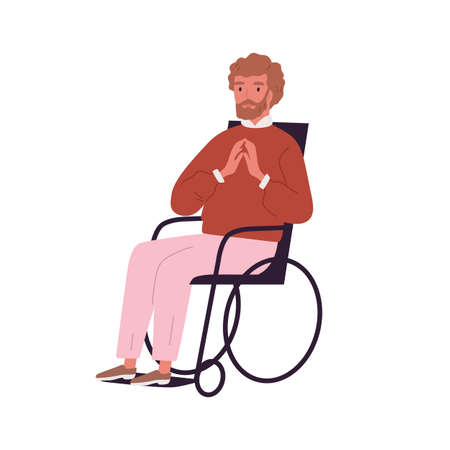 Portrait of invalid, disabled young man sitting in wheelchair. Handicapped character with limited mobility. Successful paraplegic person on white background. Flat vector cartoon isolated illustrationのイラスト素材