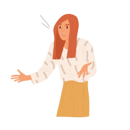 Angry woman indignation with irritated face expression vector flat illustration. Nervous girl having misunderstanding or problem isolated on white. Annoyed female feeling stress and negative emotionのイラスト素材