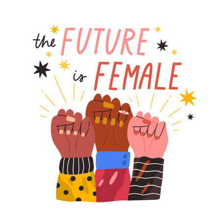 Diverse woman hands in fist with inscription The future is female vector flat illustration. Hand drawn feminism movement with motivational quote and design elements isolated on whiteのイラスト素材