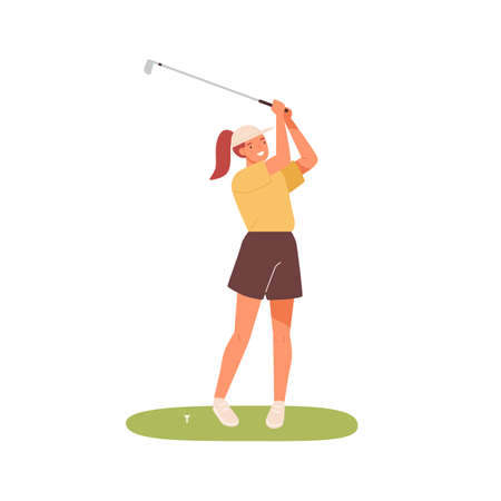 Smiling girl holding niblick after hit on ball vector flat illustration. Happy woman in cap and sportswear swinging golf club isolated on white. Joyful active female standing on green lawnのイラスト素材