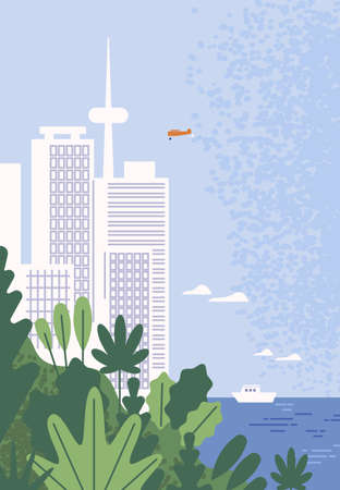 Amazing modern city with skyscrapers at seaside vector flat illustration. Beautiful seascape with modern buildings, tropical bushes and sea. Touristic town scenery and natural ocean viewのイラスト素材