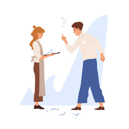 Angry restaurant manager shout at waitress holding tray with broken dishes. Conflict or dismissal scene. Cafe aggressive administrator intimidates waitress in apron. Flat vector cartoon illustrationのイラスト素材