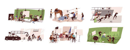 Set of scenes at film studio building interior vector flat illustration. Collection of filmmakers...