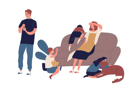 Tired mother having many children sitting on couch after tough day flat illustration. Indifference husband surfing internet use smartphone isolated. Problem in relationship of familyのイラスト素材
