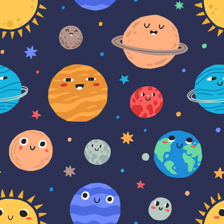 Cute childish planets and stars of solar system pattern. Funny astronomical objects with orbits flat...