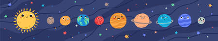 Funny childish planets in row flat illustration. Cute celestial bodies with smiling faces in...