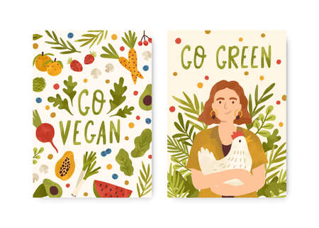 Set of eco lifestyle card template with motivational phrases vector flat illustration. Vegetarian poster decorated by greens and herbs with place for text isolated. Go vegan and go green letteringのイラスト素材