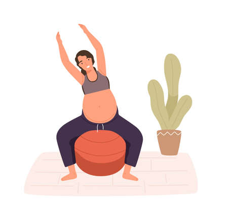 Pregnancy woman practicing workout on aerobic ball vector flat illustration. Happy female with big pregnant tummy enjoying physical activity isolated on white. Future mom exercising or warming upのイラスト素材