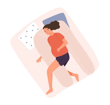 Happy woman with big tummy sleeping on pillow for pregnant vector flat illustration. Female relaxing on bed with comfortable orthopedic accessory top view isolated. Future mother enjoying pregnancyのイラスト素材
