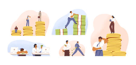 Set of rich and poor people with different salary, income or career growth unfair opportunity. Concept of financial inequality or gap in earning. Flat vector cartoon illustration isolated on whiteのイラスト素材