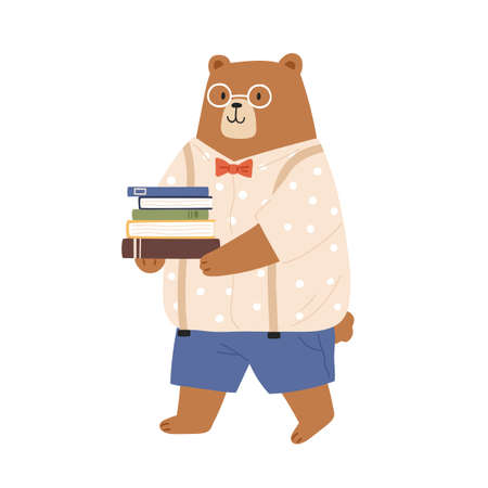 Smart bear cub in clothes and glasses. Animalistic childish character or teddy pupil going to school and hold pile of students book. Flat vector cartoon illustration of cute animal isolated on whiteのイラスト素材