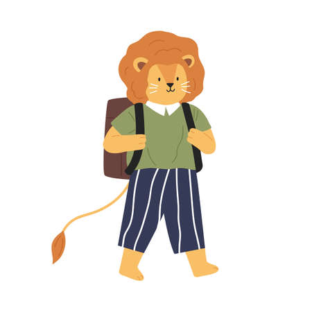 Animalistic childish character or lion cub going to school. Smart lionet pupil in clothes carry backpack. Flat vector cartoon illustration of cute animal student isolated on whiteのイラスト素材