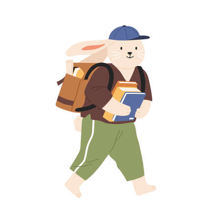 Animalistic childish character or hare cub student carry pile of books. Rabbit pupil with backpack going to school. Flat vector cartoon illustration of adorable animal isolated on whiteのイラスト素材