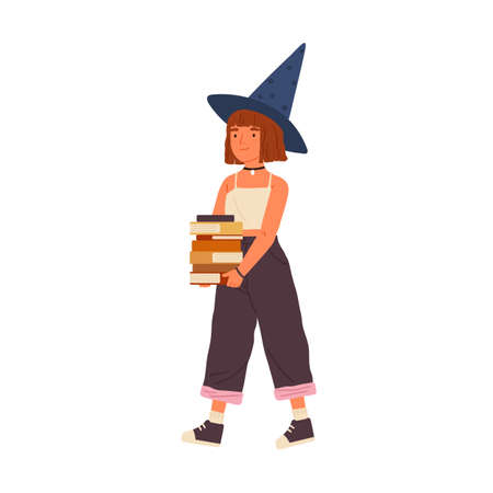 Cute girl wearing witch hat hold pile of magic books or studentbooks. Portrait of young wizard or walking fairy character. Flat vector cartoon childish illustration isolated on white backgroundのイラスト素材