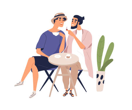 Smiling homosexual couple sit at table in cafe enjoy romantic meeting flat illustration. Male pair talk, drink coffee and eat dessert together isolated. Boyfriends spending time at cafeteriaのイラスト素材