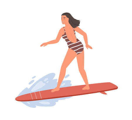 Active female in swimsuit standing on surfboard vector flat illustration. Sportswoman ride on wave enjoying extreme sports isolated on white. Smiling woman surfer in beachwear at sea or oceanのイラスト素材