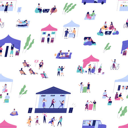 Diverse people spending time at summer indie festival vector flat illustration. Man, woman and...