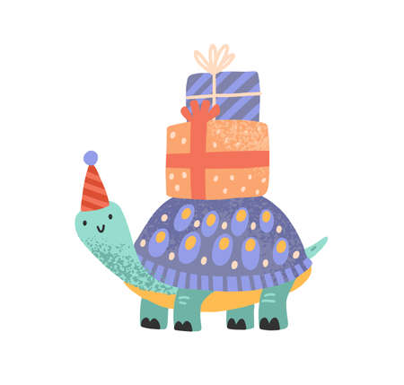 Cute celebratory turtle carrying gift box on tortoiseshell vector flat illustration. Tortoise in festive cone hat with present tied by ribbon isolated on white. Funny character for childish birthdayのイラスト素材