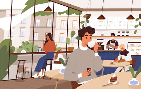 Scene of social distancing at cafeteria. People relax at city cafe. Characters eat dessert and drink coffee or tea at coffeeshop. Flat vector cartoon illustration of modern cozy coffeehouse interiorのイラスト素材