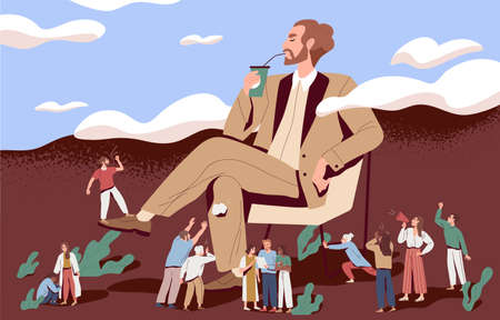 Concept of arrogance or bossy manager who doesnt listen to subordinates opinion. People shout out for haughty boss who sit in chair. Flat vector cartoon illustration of selfish managementのイラスト素材