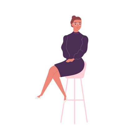 Stylish woman in elegant dress sitting on bar chair vector flat illustration. Trendy business female in glasses and feminine apparel isolated on white. Cute businesswoman or office workerのイラスト素材