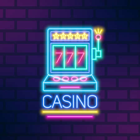 Bright neon gaming slot machine vector flat illustration in outline style. Illuminated sign of casino billboard with stars and 777 jackpot at brick wall. Glowing gamble equipment with letteringのイラスト素材