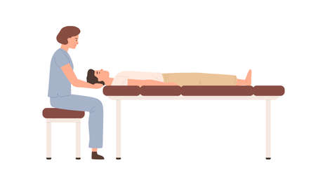 Female massagist or osteopath massaging neck area to male client vector flat illustration. Woman doctor or physiotherapist sitting on chair making massage to lying on couch man isolated on whiteのイラスト素材