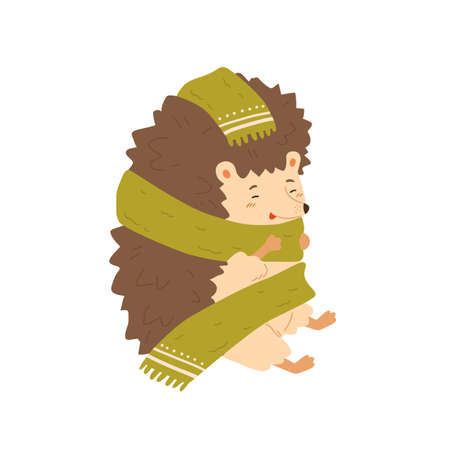 Cute colorful hedgehog wrapping in warm cozy scarf vector flat illustration. Adorable forest animal warming sitting isolated on white. Joyful wild childish character enjoying autumn seasonのイラスト素材