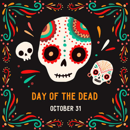 Day of the death 31 October postcard or card vector flat illustration. Composition with sugar skulls decorated by design elements and colorful ornament. Traditional Mexican seasonal holidayのイラスト素材