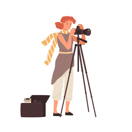 Woman professional photographer take photo use camera on tripod vector flat illustration. Female photographing having removable various lens in bag isolated. Creative person enjoying work or hobbyのイラスト素材