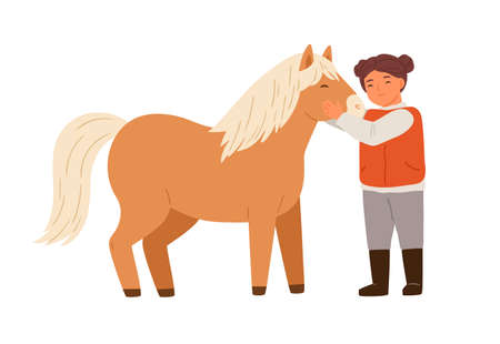 Smiling little girl hugging pony feeling love vector flat illustration. Happy child embracing and taking care to adorable horse isolated on white. Cute female kid spending time with farm animalのイラスト素材